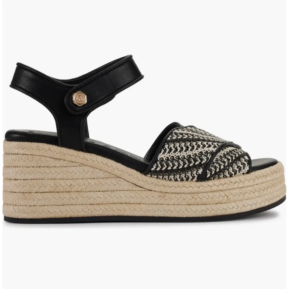 Karl Lagerfeld Paris Espadrille Platform Wedge Sandals Black Cream Sz 10
